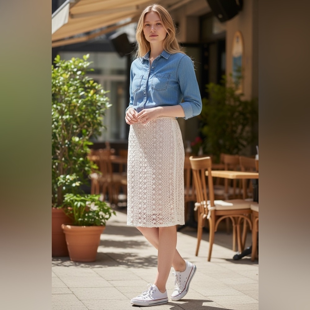 Free People White/Cream/Ivory Crochet Pencil Skirt, Size 12